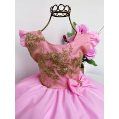 Vestido Infantil Rosa Renda Dourada Lacinho Luxo Princesa