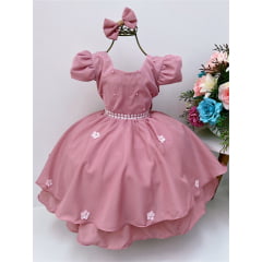 Vestido Infantil Rosé com Laço e Aplique de Flores Pérolas