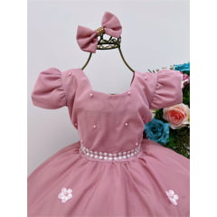 Vestido Infantil Rosé com Laço e Aplique de Flores Pérolas