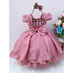Vestido Infantil Rosé com Laço e Aplique de Flores Pérolas