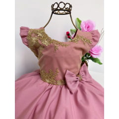 Vestido Infantil Rosê Renda Dourada Lacinho Luxo Princesas