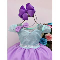 Vestido Infantil Verde Saia Lilás C/ Laço e Pérolas