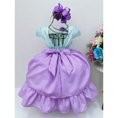 Vestido Infantil Verde Saia Lilás C/ Laço e Pérolas
