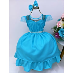 Vestido Infantil Azul Tiffany Peito Nervura Cinto de Perola