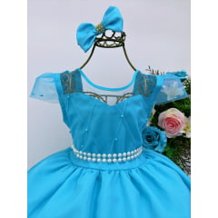 Vestido Infantil Azul Peito Nervura Cinto de Perola