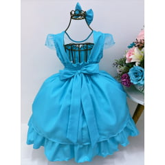 Vestido Infantil Azul Peito Nervura Cinto de Perola