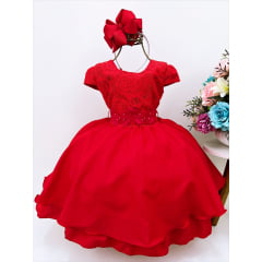 Vestido Infantil Vermelho Aplique Borboleta Laço Pérola Cinto