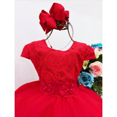 Vestido Infantil Vermelho Aplique Borboleta Laço Pérola Cinto