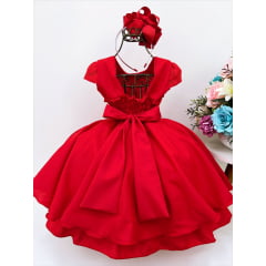 Vestido Infantil Vermelho Aplique Borboleta Laço Pérola Cinto