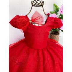 Vestido Infantil Vermelho Aplique Borboletas com Laço Cabelo