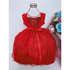 Vestido Infantil Vermelho Brilho Pérolas e Aplique de Flor