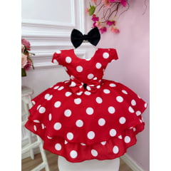 Vestido Infantil Vermelho C/ Bolinhas Brancas Minnie e Laço