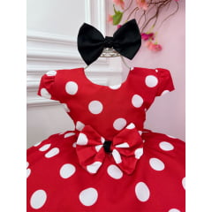 Vestido Infantil Vermelho C/ Bolinhas Brancas Minnie e Laço