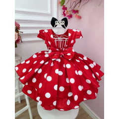 Vestido Infantil Vermelho C/ Bolinhas Brancas Minnie e Laço