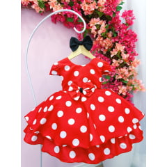Vestido Infantil Vermelho C/ Bolinhas Brancas Minnie e Laço