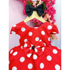 Vestido Infantil Vermelho C/ Bolinhas Brancas Minnie e Laço