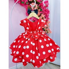 Vestido Infantil Vermelho C/ Bolinhas Brancas Minnie e Laço