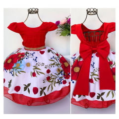 Vestido Infantil Vermelho Flores Princesa Festa Luxo