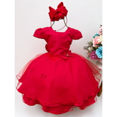 Vestido Infantil Vermelho Laço com Strass e Aplique Borboletas