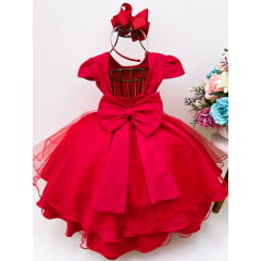 Vestido Infantil Vermelho Laço com Strass e Aplique Borboletas