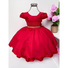 Vestido Infantil Vermelho Princesas Cinto Strass C/ Laço