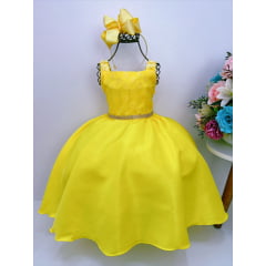 Vestido Infantil Amarelo Bolinhas Aplique Festa Strass Festa