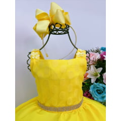 Vestido Infantil Amarelo Bolinhas Aplique Festa Strass Festa