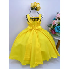 Vestido Infantil Amarelo Bolinhas Aplique Festa Strass Festa