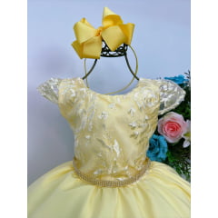 Vestido Infantil Amarelo C/ Renda Cinto Strass Luxo Damas