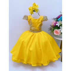 Vestido Infantil Amarelo Renda Dourada Cinto Strass Luxo