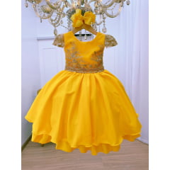 Vestido Infantil Amarelo Renda Dourada Cinto Strass Luxo