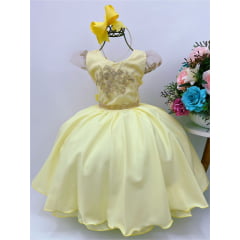 Vestido Infantil Amarelo Renda Dourada Luxo Com Cinto