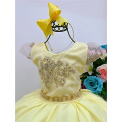 Vestido Infantil Amarelo Renda Dourada Luxo Com Cinto