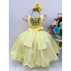 Vestido Infantil Amarelo Renda Dourada Luxo Com Cinto