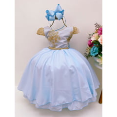 Vestido Infantil Azul Bebê Renda Dourada Cinto Strass Luxo