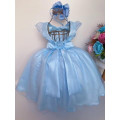 Vestido Infantil Azul Bebê Rendado Cinto Pérolas Saia Lisa Luxo
