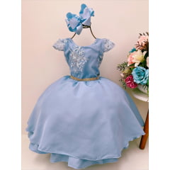 Vestido Infantil Azul C/ Renda Cinto Strass Luxo Damas