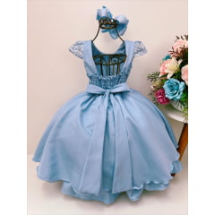 Vestido Infantil Azul C/ Renda Cinto Strass Luxo Damas