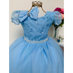 Vestido Infantil Azul com Renda Cinto Pérolas e Bico de Pato