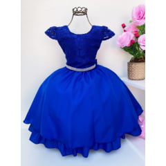 Vestido Infantil Azul Royal Renda Luxo Cinto Strass