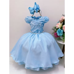 Vestido Infantil Azul Renda Aplique de Flores Pérolas