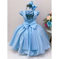 Vestido Infantil Azul Renda Aplique de Flores Pérolas