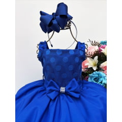 Vestido Infantil Azul Royal com Laço C/ Bolinhas Luxo Festas