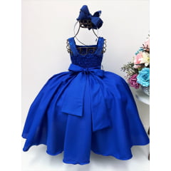 Vestido Infantil Azul Royal com Laço C/ Bolinhas Luxo Festas