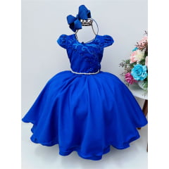 Vestido Infantil Azul Royal Renda Aplique de Flores Pérolas