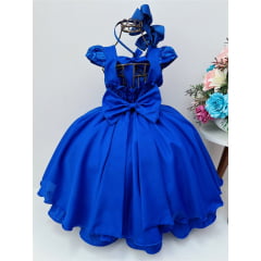 Vestido Infantil Azul Royal Renda Aplique de Flores Pérolas