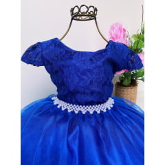 Vestido Infantil Azul Royal Rendado Cinto Pérolas Saia Lisa
