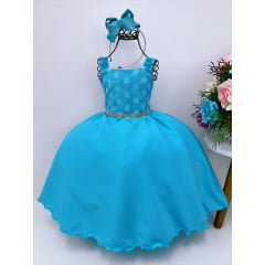 Vestido Infantil Azul Tiffany Bolinhas Aplique Flor Strass