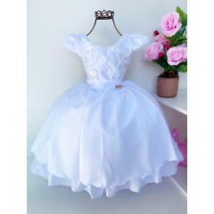 Vestido Infantil Branco Aplique Flor Batizado Luxo Princesa