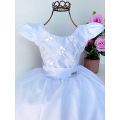 Vestido Infantil Branco Aplique Flor Batizado Luxo Princesa